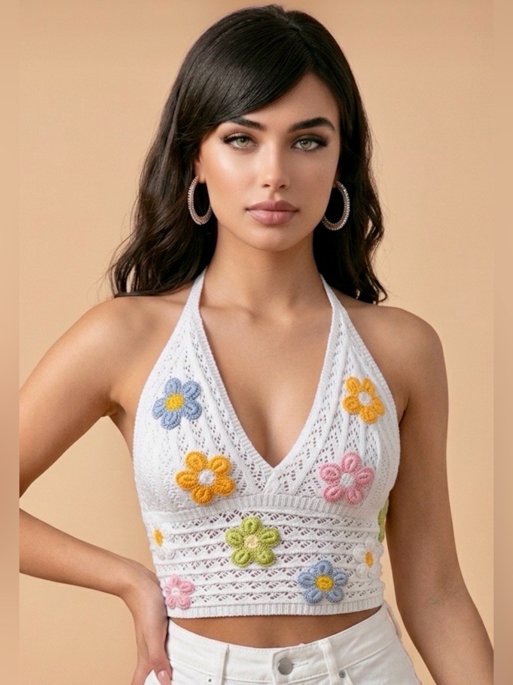 Crochet Floral Halter Crop Top - White with Pastel Flowers M